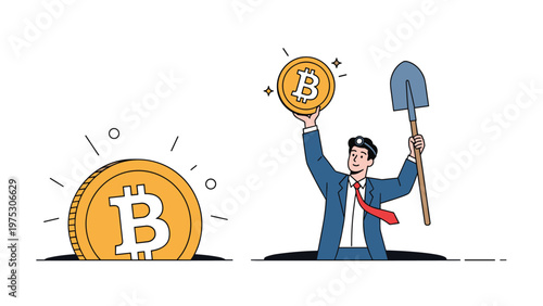 Businessman emerging from a hole in the ground holding a large bitcoin coin and a shovel representing cryptocurrency mining.