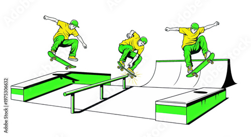 Skateboarder performing tricks at a skatepark with ramps and rails, dynamic action illustration.