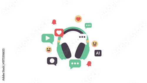 Stylish Green Headphones Surrounded by Social Media Icons.