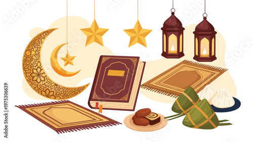 Beautiful collection of Islamic symbols and food items including the Quran, prayer rug, moon, stars, dates, and lanterns.