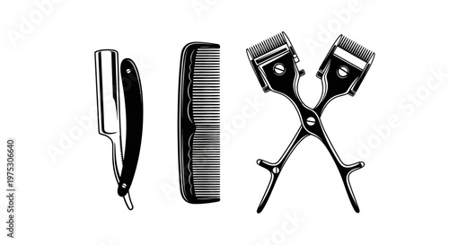 Vintage Barber Tools: Straight Razor, Comb, and Clippers - Black and White Illustration