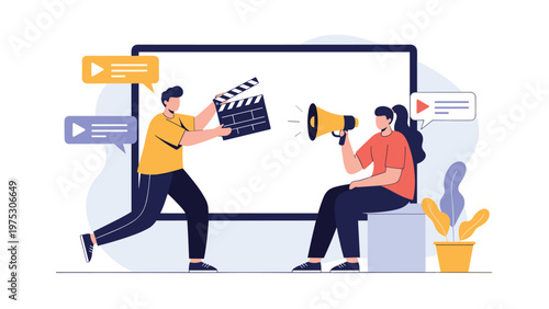 Creative team working on a film production with a director using a megaphone and a cameraman holding a movie clapperboard.