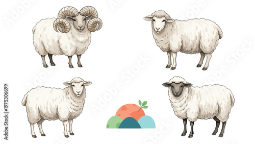 Detailed set of various sheep breeds including a ram with large curved horns and white fleecy sheep on a white background.