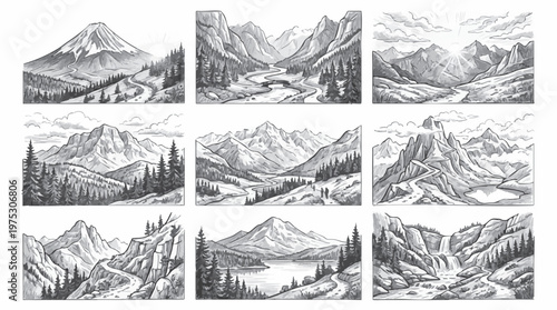 Hand drawn pencil sketch illustrations of stunning mountain landscapes, showcasing natural beauty and wilderness vistas