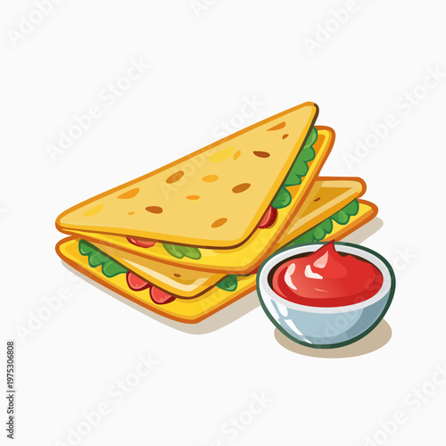 Illustration of two triangular sandwiches with fresh ingredients served alongside a bowl of red dipping sauce.