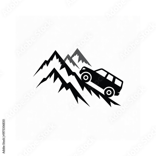 A monochrome illustration of a vehicle ascending a steep mountain slope
