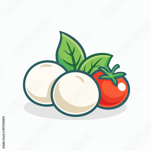 Fresh mozzarella cheese balls with a ripe red tomato and green basil leaves illustration.