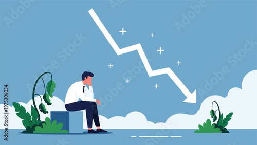 Businessman sitting in despair next to wilting plants while a white arrow points downwards to symbolize financial loss and failure.