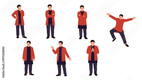Set of male character illustrations wearing orange tunics in different poses like waving jumping and standing with arms crossed.