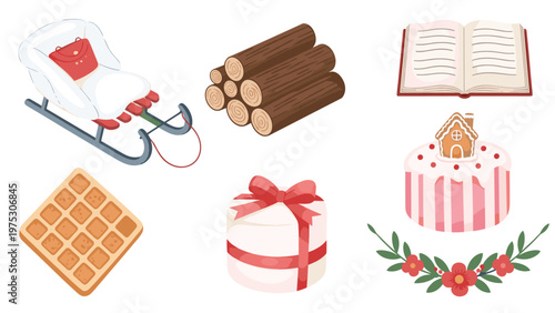 Festive collection of winter holiday elements including a sleigh wooden logs a book a waffle a gift box a cake and floral greenery.