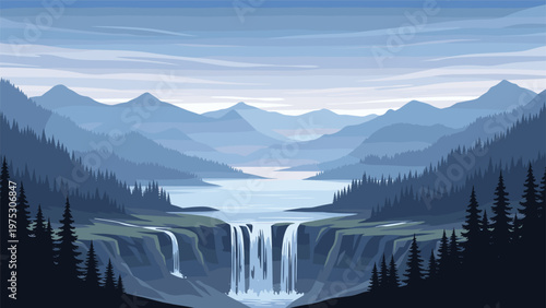 Majestic waterfall cascading down a rocky cliff in a dense evergreen forest surrounded by misty blue mountains in pixel art style.