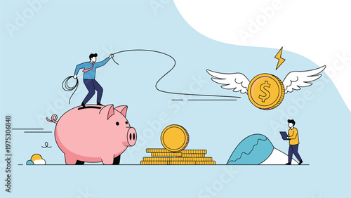 Business concept showing a man on a piggy bank trying to catch a flying coin with a lasso representing saving and wealth creation.