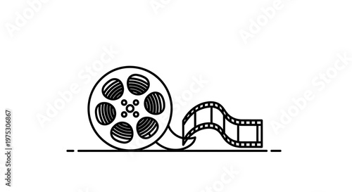 Black and white film reel icon with film strip on white background