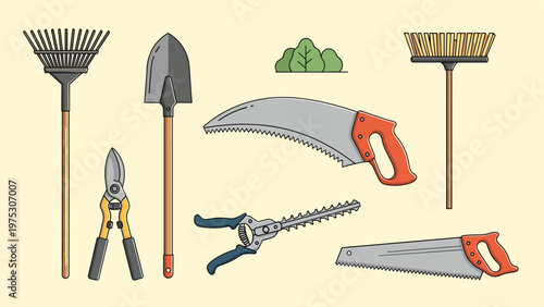 Professional gardening tool collection including a rake shovel pruners hedge shears and different types of hand saws on beige.
