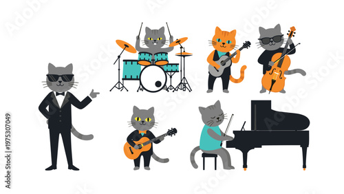 Charming musical cats band set with feline characters playing the drums guitar cello and piano in formal and casual outfits.