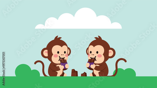 Two adorable little monkeys sitting in a green field and happily eating pieces of delicious milk chocolate bars under a cloud.