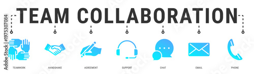 Team Collaboration web banner icon vector illustration featuring Teamwork, Handshake, Agreement, Support, Chat, Email and Phone