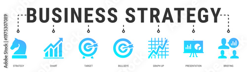 Business Strategy web banner icon vector illustration featuring Strategy, Chart, Target, Bullseye, Graph Up, Presentation and Briefing