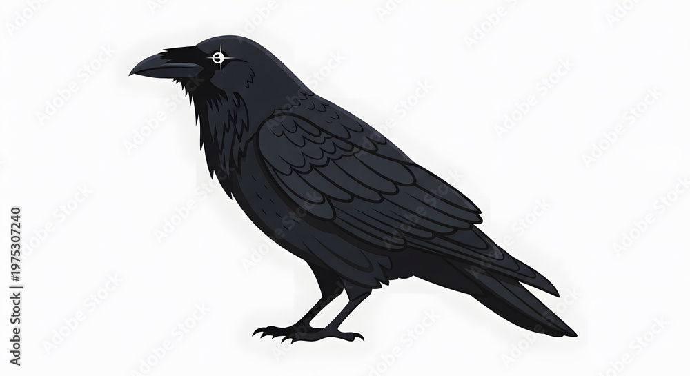 Obraz premium Stylized cartoon of a black raven or crow perched with detailed feathers and a sharp eye