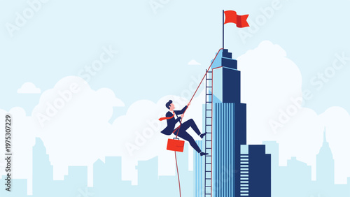 Determined businessman climbing the exterior of a high rise skyscraper using a rope and ladder to reach the top flag.