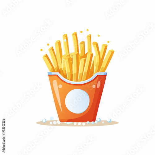 Illustration of crispy golden french fries served in a vibrant orange paper box, perfect for a snack.