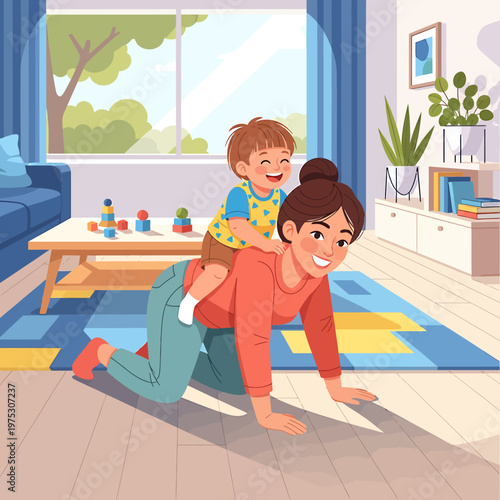 Happy mother playing with her little son riding on her back in a colorful and modern vector graphic design illustration