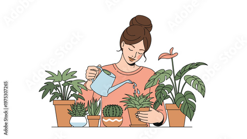 Beautiful young woman takes care of her indoor garden by watering various potted green plants and succulents with a blue watering can.