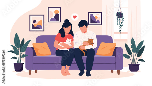 Young couple enjoys a peaceful moment on a purple couch in their cozy living room while cuddling their pet white and brown cats.