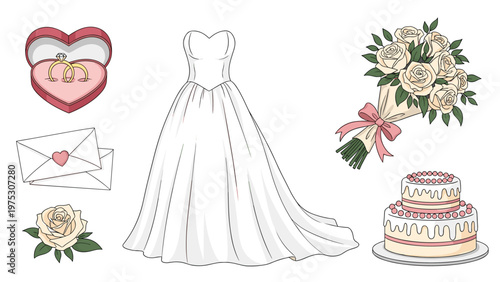Collection of elegant wedding elements including a white bridal dress, gold rings in a heart box, a tiered cake, and a rose bouquet.