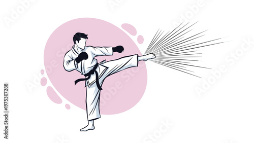 Strong martial artist wearing a traditional white uniform with a black belt performs a powerful side kick against a pink background.