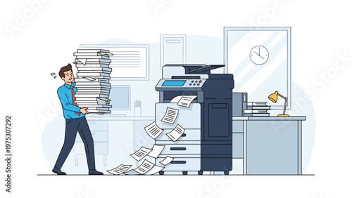 Stressed office worker carries a massive stack of papers past a busy copy machine while documents fly around in a cluttered office.