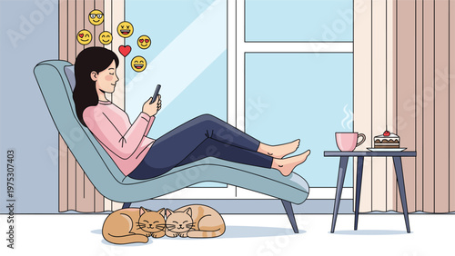 Woman relaxes on a modern blue lounge chair while looking at her smartphone as two cute cats sleep peacefully on the floor below.