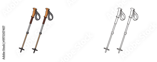Trekking poles illustrations in colored cartoon and black linear styles featuring ergonomic handles and wrist straps used for hiking and mountain climbing on a white background