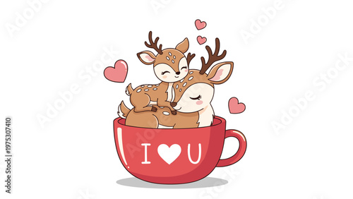 Two adorable cartoon deer cuddle together inside a large red coffee mug with the message I love you and floating pink hearts.