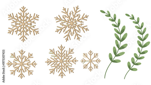 Decorative set of intricate wooden style snowflakes and green leafy branches perfect for winter holiday and seasonal design projects.