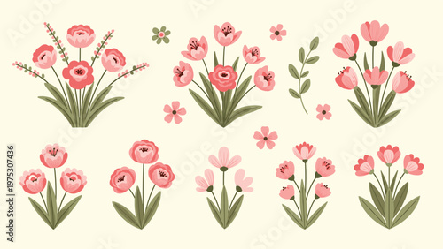 Multiple arrangements of delicate pink flowers with green leaves organized in a pattern on a light cream colored background.