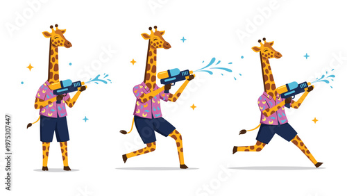 Group of funny giraffes wearing colorful shirts and shorts playing with water guns and spraying water on a clean white background.