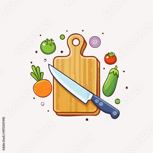 Cartoon illustration of a wooden cutting board with a knife and fresh vegetables for healthy cooking