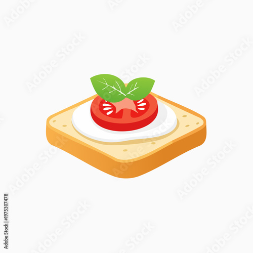 Isometric illustration of a delicious appetizer with tomato, basil, and cheese on a piece of toast.