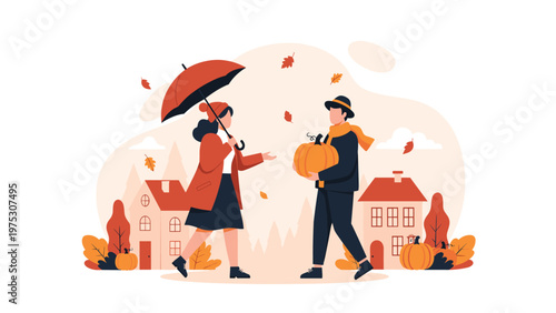 Romantic couple walking through a quaint town in autumn while carrying a large pumpkin and an umbrella as fallen leaves blow around.