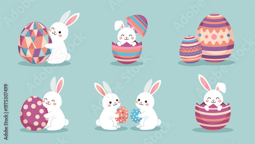 Set of cute white Easter bunnies playing with colorful patterned eggs and popping out of broken eggshells on a light blue background.