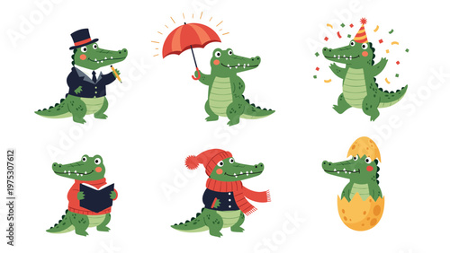 Series of cute green crocodile characters engaged in various activities like reading, celebrating, and wearing different outfits.