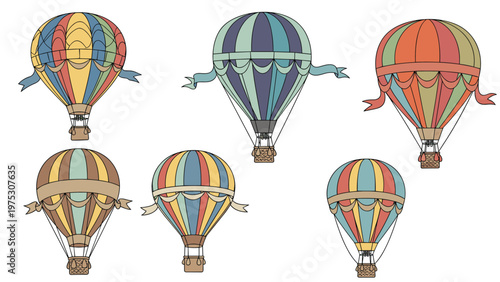 Set of vintage style hot air balloons with colorful patterns and ribbons floating gracefully against a white background.
