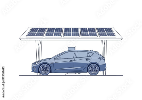Electric Car Under Solar Panel Canopy.