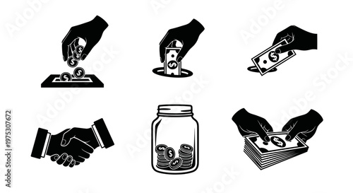 Money Saving and Investment Icons: Hand with Coins, Cash, Jar, Handshake