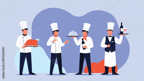Professional team of restaurant staff including chefs and waiters serving a whole turkey, wine, and a covered dish in uniform.
