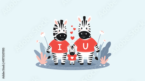 Adorable zebra family with parents and a baby wearing red t-shirts that spell out a message of love in a cute nature-themed setting with hearts.