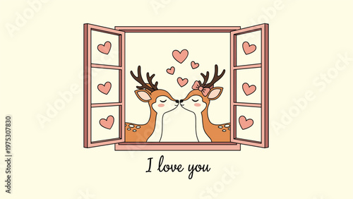 Romantic illustration of two deer kissing inside a pink window frame surrounded by floating hearts and a text message expressing love at the bottom.