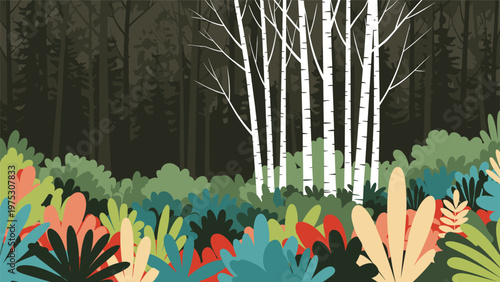 Vibrant forest floor scene filled with colorful tropical plants and shrubs beneath tall white birch tree trunks in a dense, dark woodland setting.