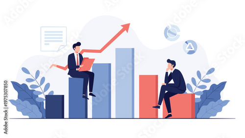 Professional business infographic showing two businessmen sitting on a rising bar chart analyzing growth and success with statistical data symbols.